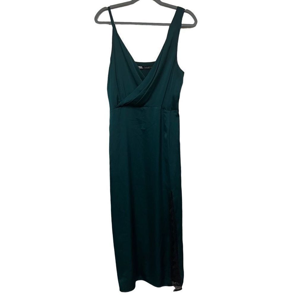 ZARA Green Asymmetric Midi Lace Slit Dress Size Large